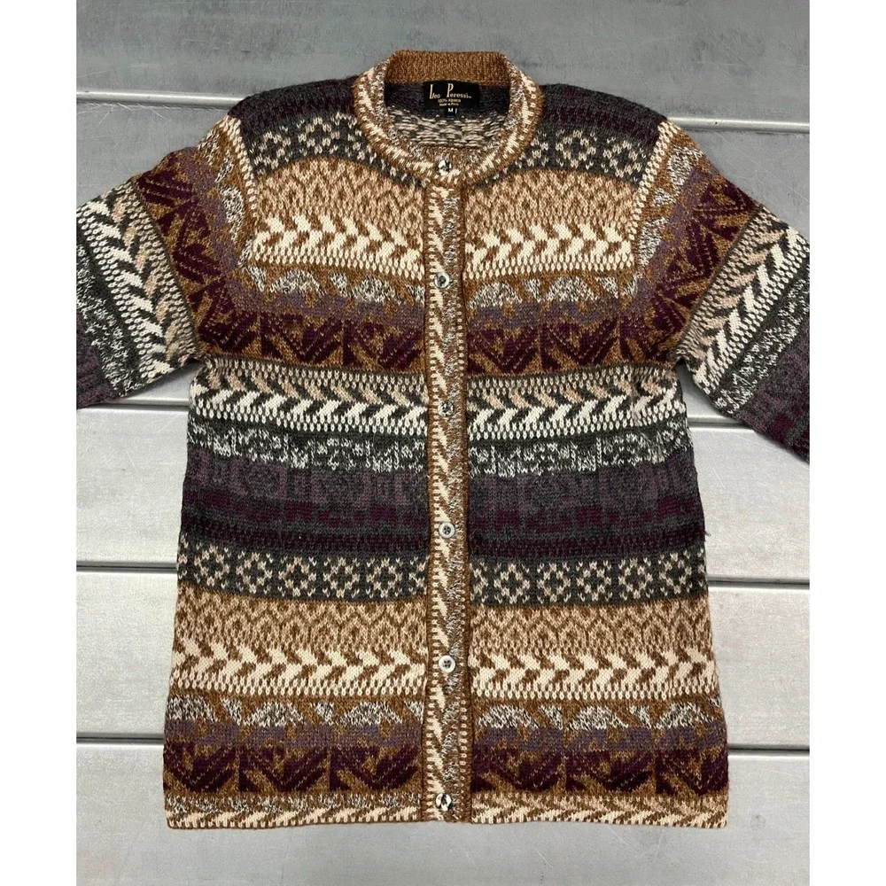 Leo‎ Peressi Alpaca Cardigan Sweater Womens Medium Brown Fair Isle Knit Button